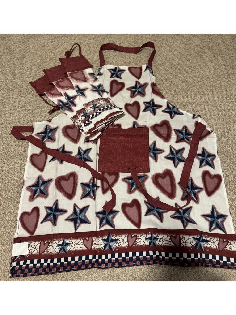 Patriotic Apron & Towel Set – Hearts & Stars – 4 pc NEW